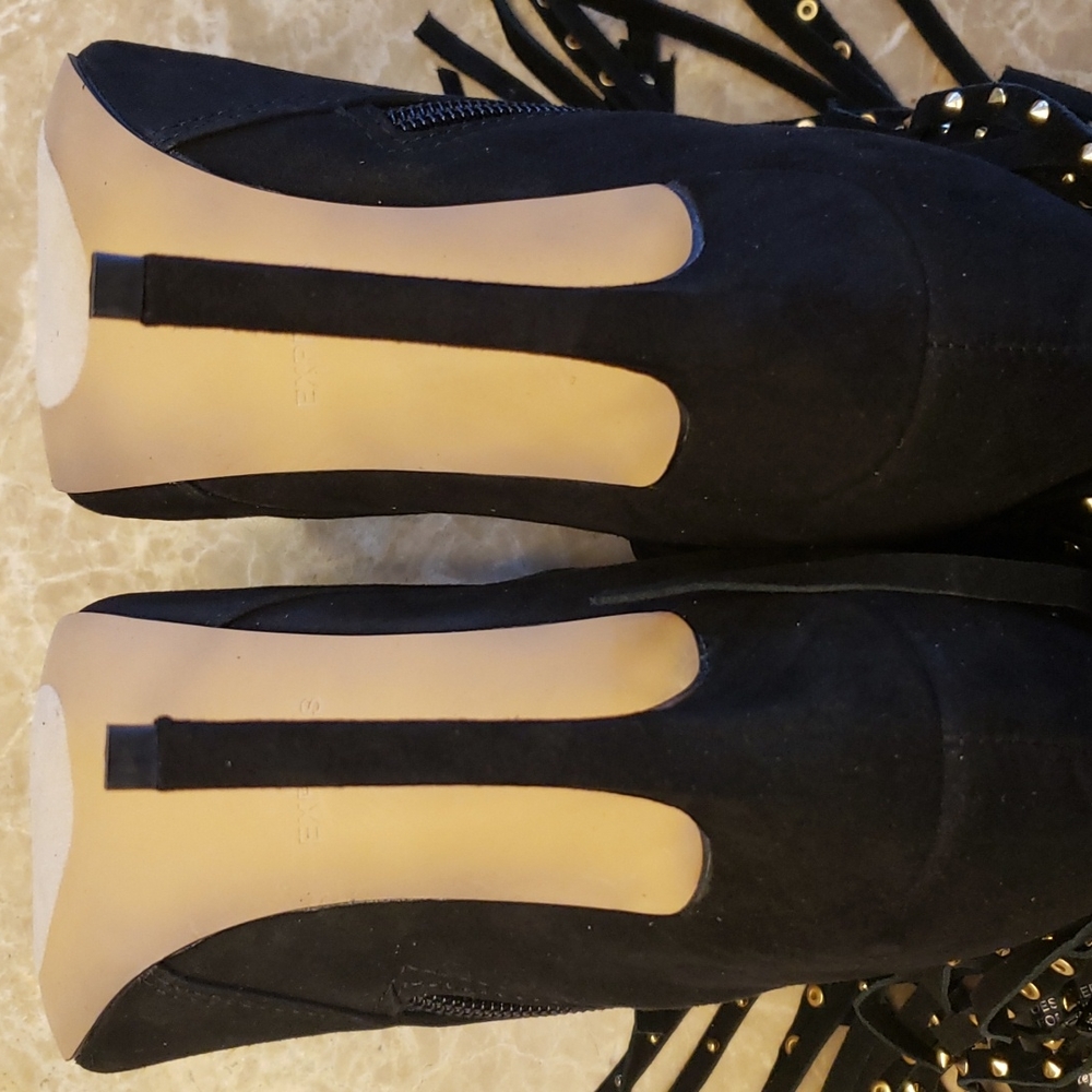 Express black micro suede cowhide fringed w gold-embellished ankle booti… - Picture 13 of 16
